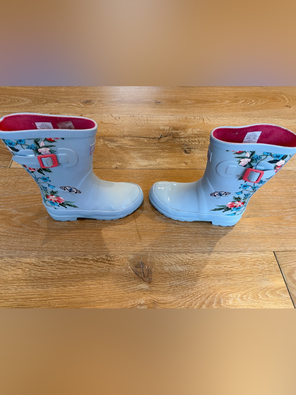 Joules blue Floral Kids Rain Boots with Pink Lining